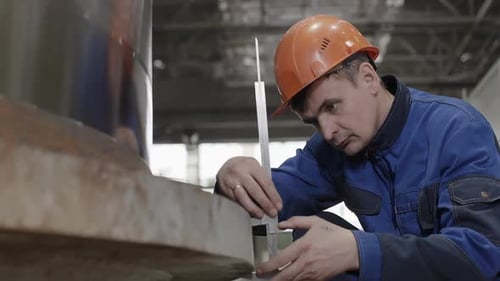 A Worker is Measuring with Precision in an Industrial Manufacturing Environment Today Stock Clip