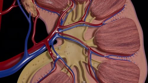Microscopic 3d animation of human kidney structure showing filtration process