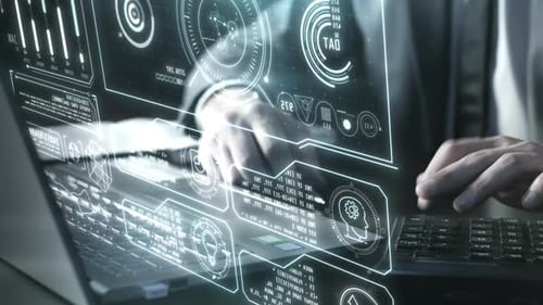 Glowing Futuristic Interface in Front of Businessman Working on Laptop