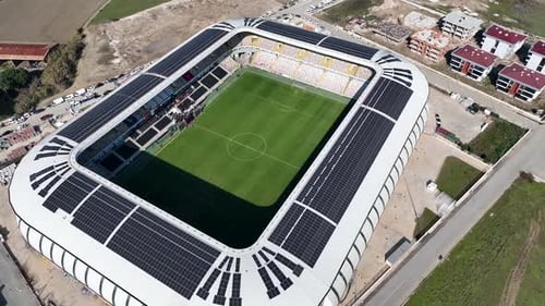 Aerial view of Tire Stadium, the first football stadium in Turkey that produces its own electricity