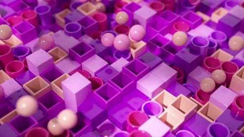 Glossy Spheres Navigate a Maze of Lavender Cubes in This Vibrant and Playful 3D Animation