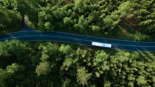Aerial Shot of Bus Traveling on Route in Pine Tree Woodland Vehicle Moving Down Paved Highway