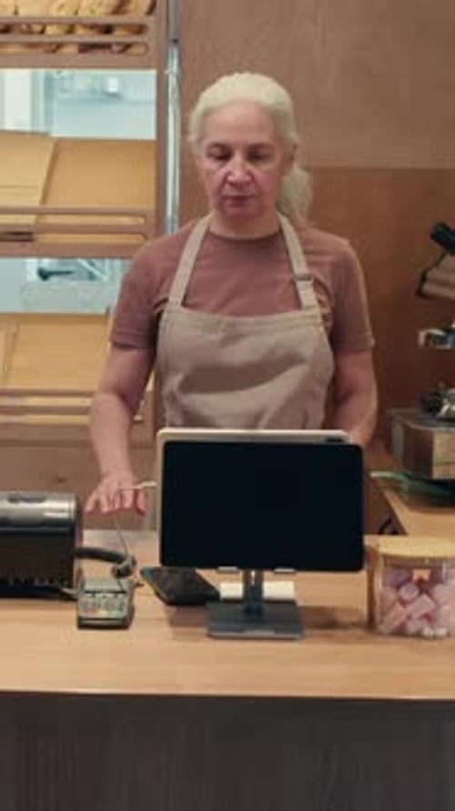 Portrait of Positive Senior Woman at Cash Register in Bakery