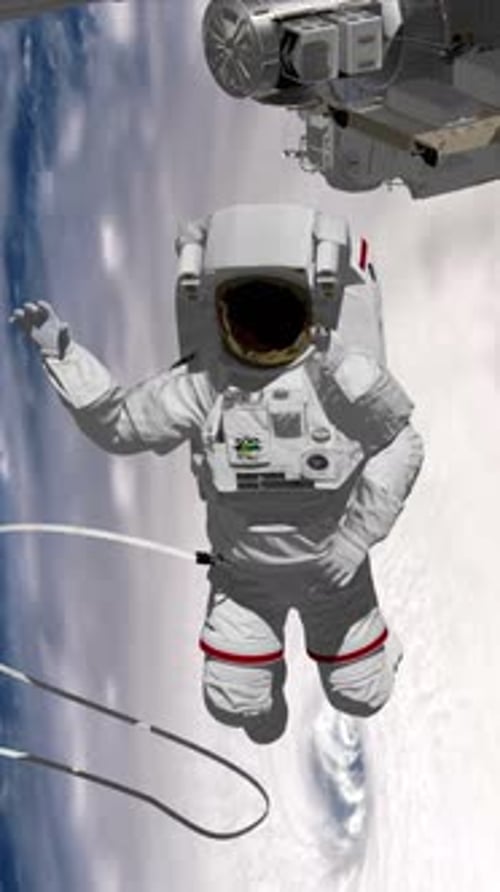Astronaut Spacewalk, waving his hand in the open space.