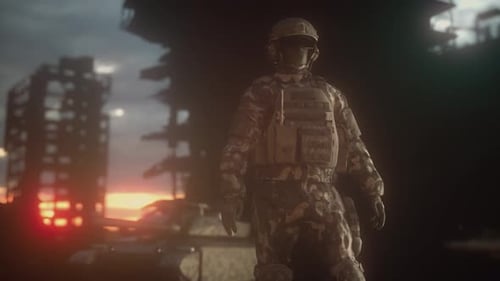 A soldier in camouflage stands in front of a tank in a ruined city