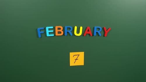 Hand sticking a sticker 7 February calendar day on school board. 7 date of February. Seventh day