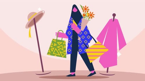 Animated Flat Design Woman Walking with Shopping Bags and Flowers