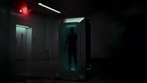 Nacelle d'horreur cryogénique dans un laboratoire de science-fiction vacillant