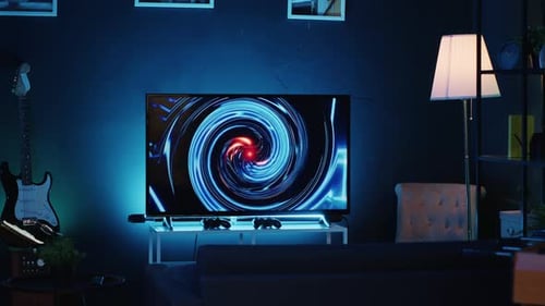 TV Screen Showing 3D Render Animations in Empty Stylish Neon Lit Home Studio Interior