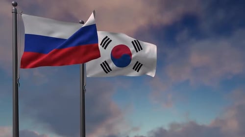 South Korea Flag Waving Along With The National Flag Of The Russia - 2K