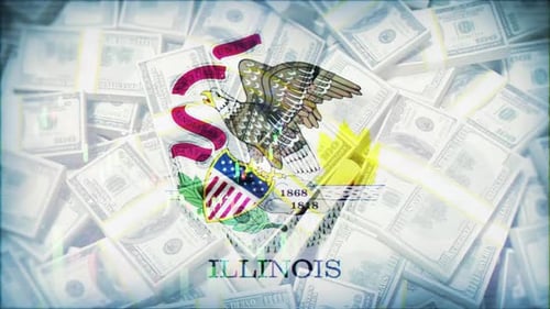 Illinois Flag On Economic Background With Decrease Bar Chart Graph And Arrow