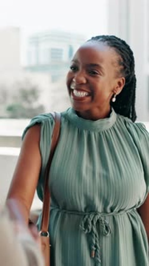 Handshake, interview or people in office with smile, welcome or meeting for onboarding