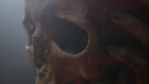 Mysterious and Atmospheric Skull Close-Up in hand with Eerie Lighting
