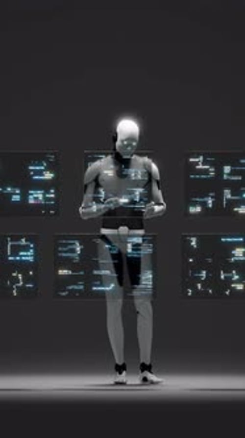Humanoid Robot Displaying Futuristic Digital Data Interface