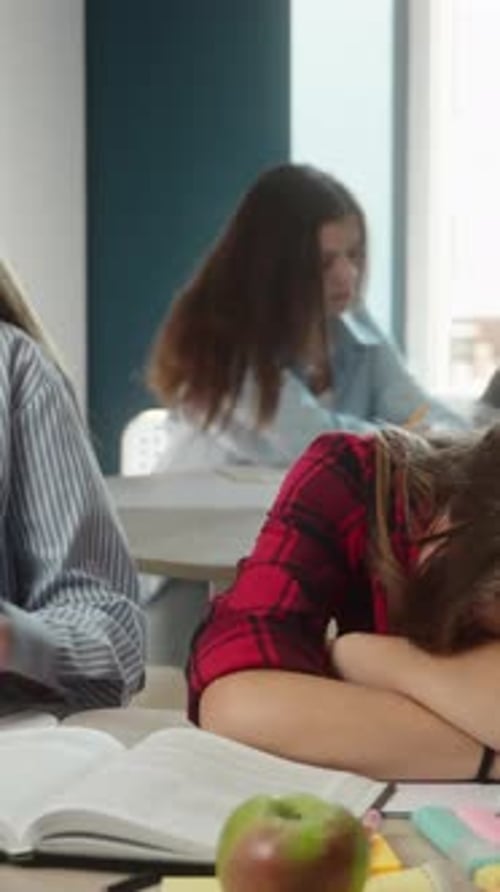 Caucasian Teenagers Students Tired Girl Falling Asleep During Boring Lesson in Classroom Sleepy