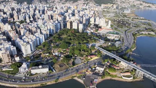 Aerial drone scene at high altitude of the center of Florianópolis urban center big capital with man