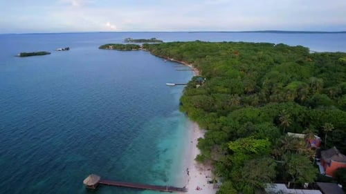 Isla grande Colombian Caribbean tropical island with exotic lush vegetation. Aerial