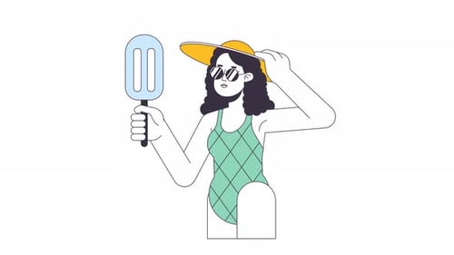 Animated Woman in Swimsuit with Ice Cream and Summer Hat