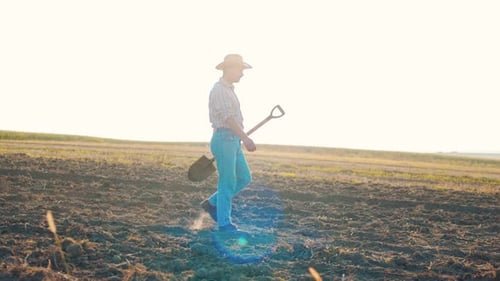 Farmer Going Along Field with Ground Male Worker Working at Summer Time Concept of Agricultural