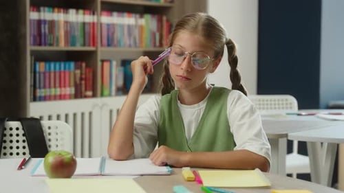 Schoolgirl Pupil Thoughtful Student in School Write Think Education Class Lesson Teen Child Daughter