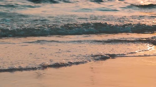 Waves Run on the Sandy Shore of the Sea Closeup Sunlight Reflect on Water Surface Beautiful Evening