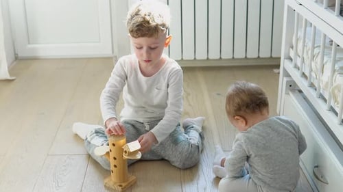 Children Playing with Wooden Toy Building Together