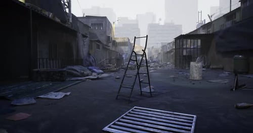 Desolate Urban Street with Abandoned Structures and Scattered Debris