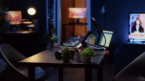 Empty Desk in Home Production Studio with Podcast Equipment Technology