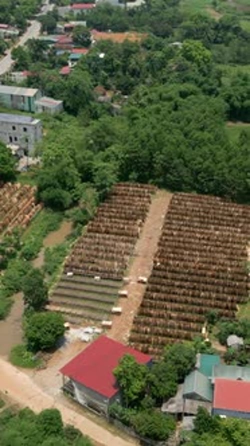 Large Openair Cut Wood Warehouse in a Small Village in Vietnam From Drone View