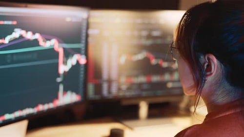 Woman is checking Bitcoin price chart on digital exchange on computer