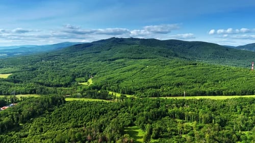 Spectacular mountains covered with green forests. Electrical transmission line crosses