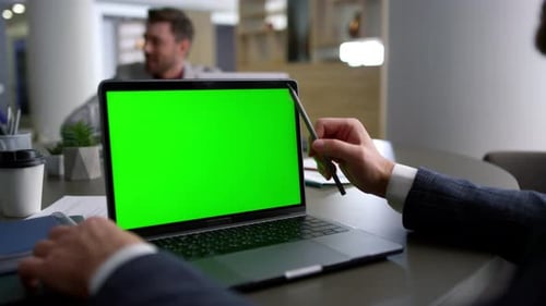 Business Employee Working Computer Laptop Green Screen on Office Team Conference. Unrecognizable