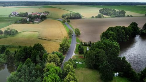 Countryside Road Summer Fields Forest Lake Aerial