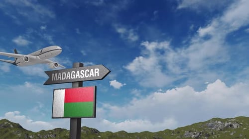 Madagascar Flag With Airplane And Arrow Sign