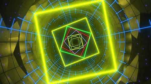 Futuristic Neon Tunnel with Glowing Geometric Grid