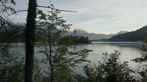 Aerial view of Lake Bled at sunrise, Slovenia.