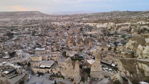 Cappadocia Town Surrounded by Unique Rock Formations, Aerial