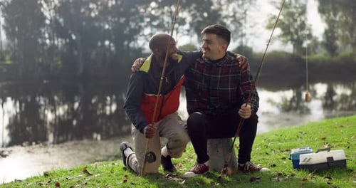 Fishing, lake and friends hug in nature on holiday, adventure and vacation together outdoors