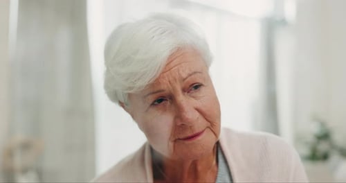 Nursing home, window and elderly woman thinking about future, retirement