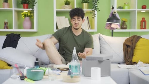 Young Man Ponders, Gestures, and Falls Asleep