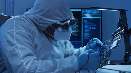 Un ingénieur afro-américain en microélectronique travaille dans un laboratoire scientifique moderne sur l'informatique