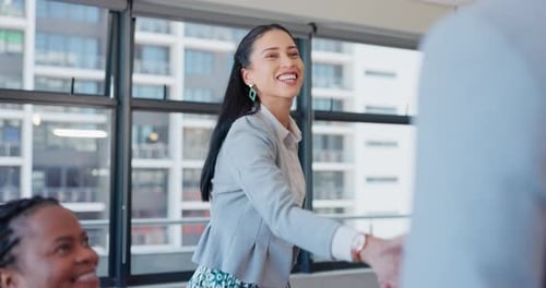 Business woman, handshake and meeting in office for promotion, b2b partnership and agreement