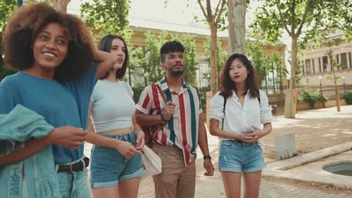 Happy multiethnic young people are walking down the street talking on summer day