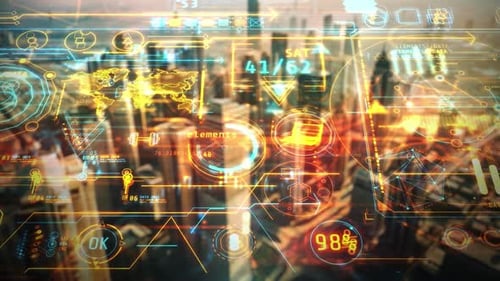 3D Animated City Skyline with Infographic Overlays