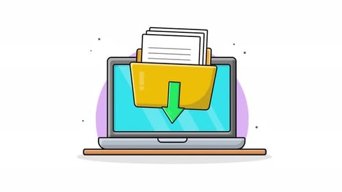 4k Laptop with Open Folder and Green Arrow. Folder Download Concept Animation Video