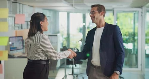 Business, people and welcome handshake in office for meeting, client collaboration