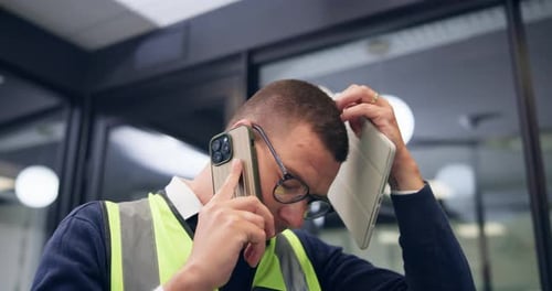 Man, engineer and phone call on office with stress, thinking and contact for construction career