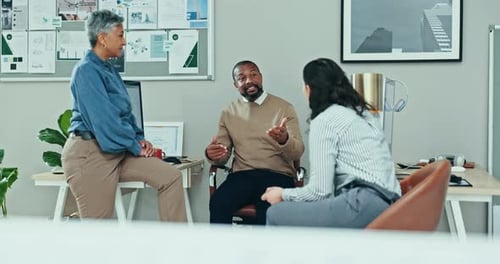 Business people, group and discussion in coworking office of feedback, collaboration and chat