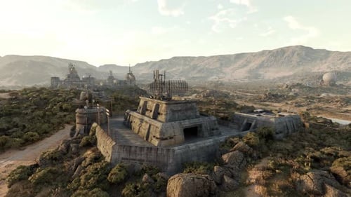 Eine futuristische Stadt mit einer Militärbasis und Kriegsbunkern