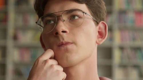 Close Up Hesitate Caucasian Teenager Guy Pensive Holding Chin Thinking Decision Solution Difficult